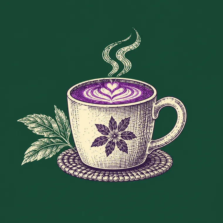 Grabado de una taza de ube latte caliente