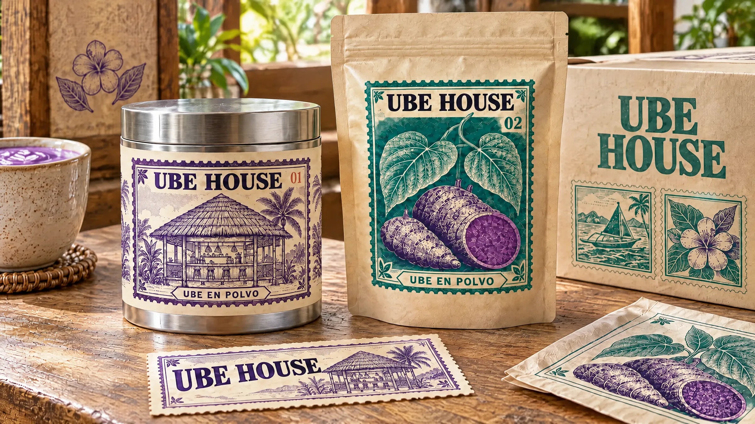 Bote metálico y bolsa kraft de Ube House sobre una mesa de madera, junto a una taza de ube latte